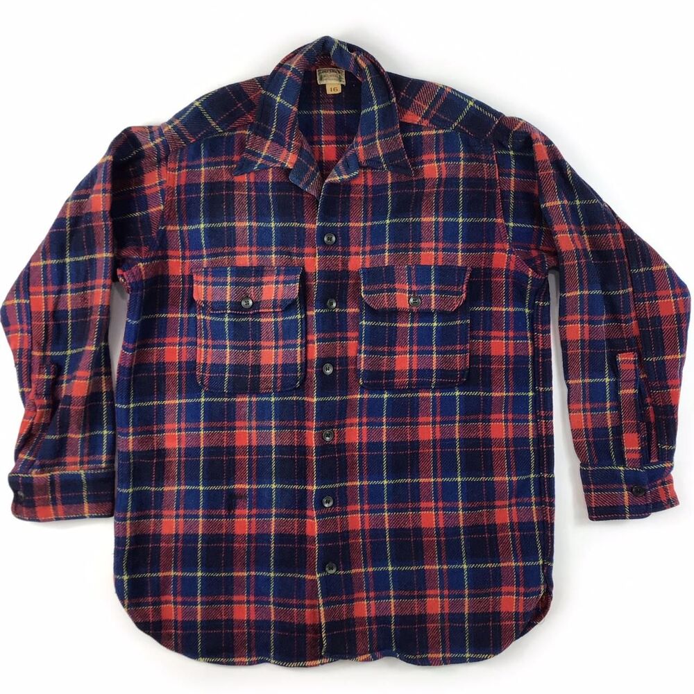 Vintage 70s Women’s Wool plaid Shacket M Orange blue USA Camping Western Prairie